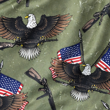 Close-up of RF-Wear Women's Eagle, Flags, Guns Shorts in Military Green