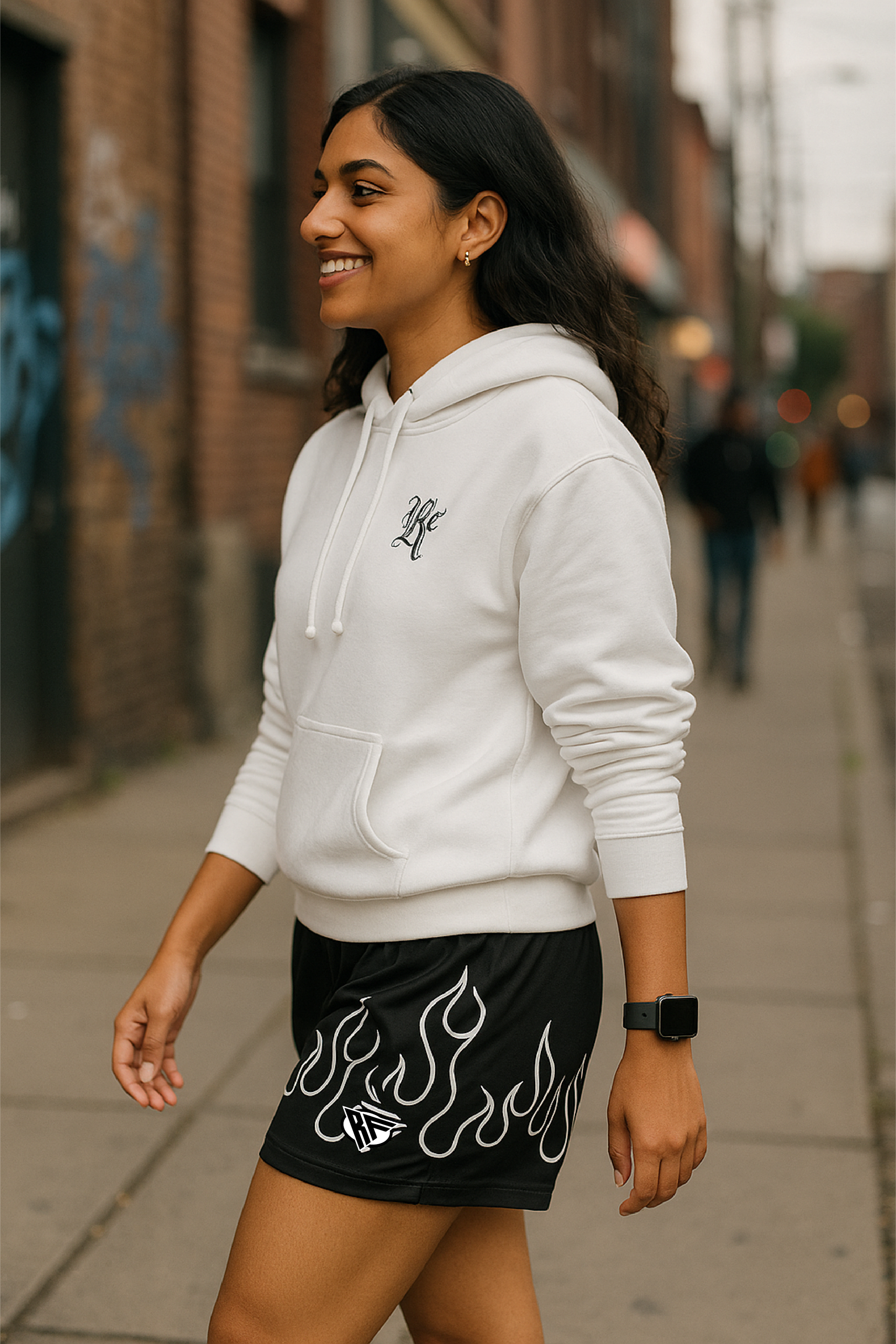 RF Wear Women's Fire Shorts - Black/White - Model Side View