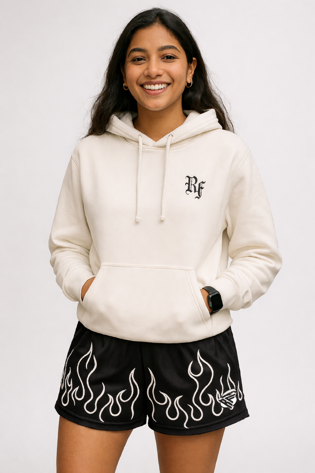 Woman wearing RF-Wear Women's Fire Shorts in Black/White