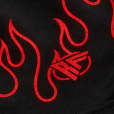 Close-up of RF-Wear Women's Fire Shorts in Red with RF logo