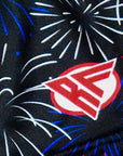 Close-up of RF-Wear Women's Fireworks Shorts in Black Red/White/Blue with RF logo
