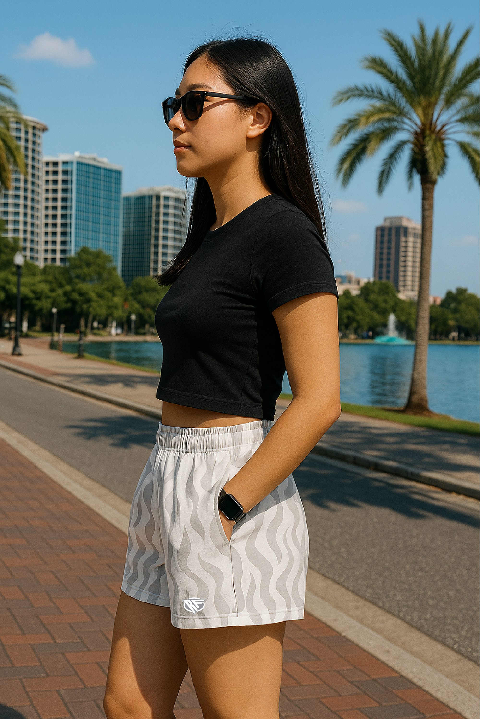RF Wear Women's Flame Pocket Shorts - White/Grey - Model Side View