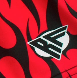 Close-up of RF-Wear Women's Flame Shorts in Black/Red with RF logo