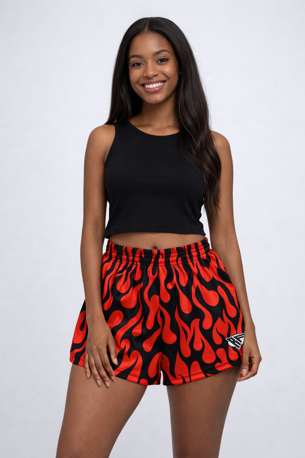 Woman wearing RF-Wear Women's Flame Shorts in Black/Red