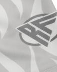 Close-up of RF-Wear Women's Flame Shorts in White/Grey with RF logo