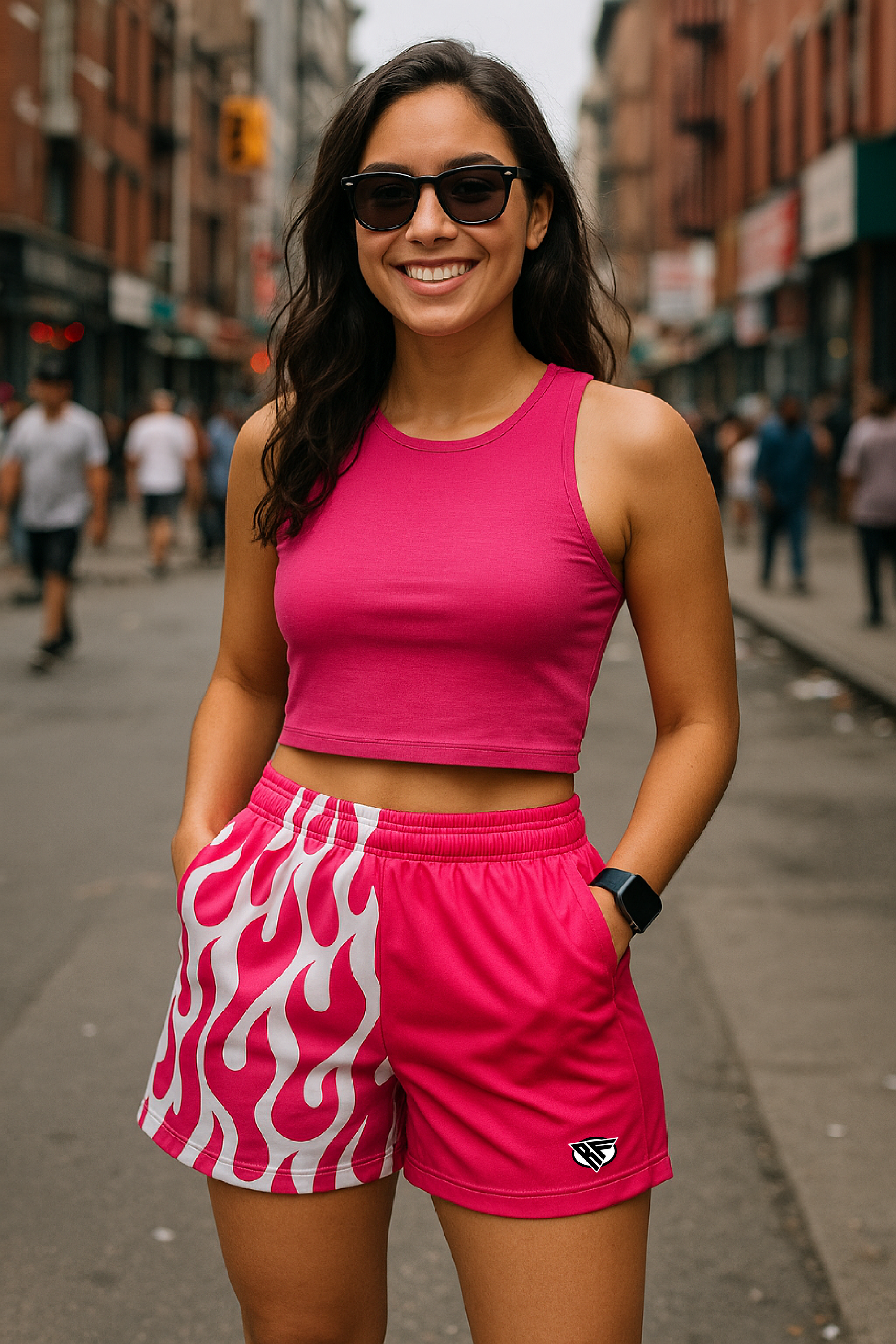 RF Wear Womens Flame Split Pocket Shorts - Fuchsia/White - Model Front View