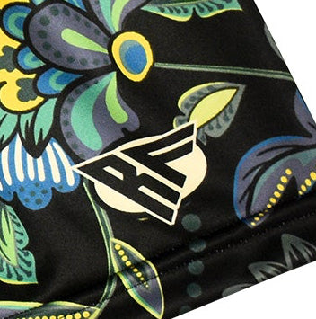 Close-up of RF-Wear Women's Floral 2.0 Shorts - Black/Blue/Yellow with RF logo