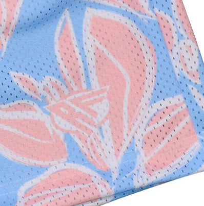 Close-up of RF-Wear Womens Floral Hawaiian Shorts in Blue/Pink with RF logo
