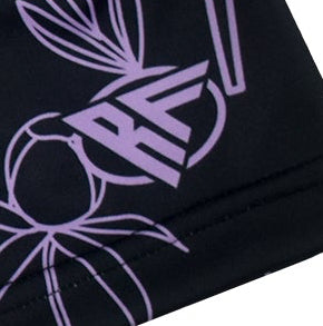 Close-up of RF-Wear Women's Floral Shorts - Black/Lavender with RF logo