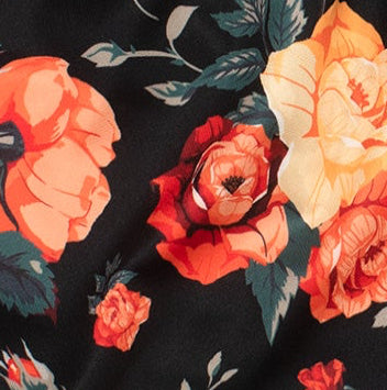 Close-up of RF-Wear Women's Floral Shorts in Black/Red/Peach