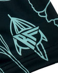 Close-up of RF-Wear Women's Floral Shorts in Black/Teal with RF logo