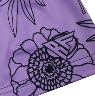 Close-up of RF-Wear Women's Floral Shorts in Lavender/Black with RF logo