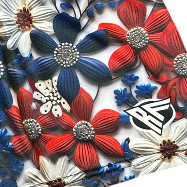 Close-up RF-Women's Floral Shorts - Red/White/Blue with RF logo