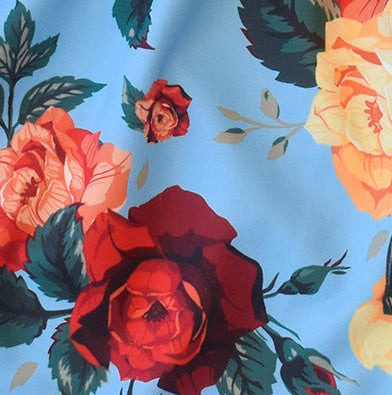 Close-up of RF-Wear Women's Floral Shorts in Sky-Blue/Multicolors