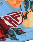 Close-up of RF-Wear Women's Floral Shorts in Sky-Blue/Multicolors with RF logo