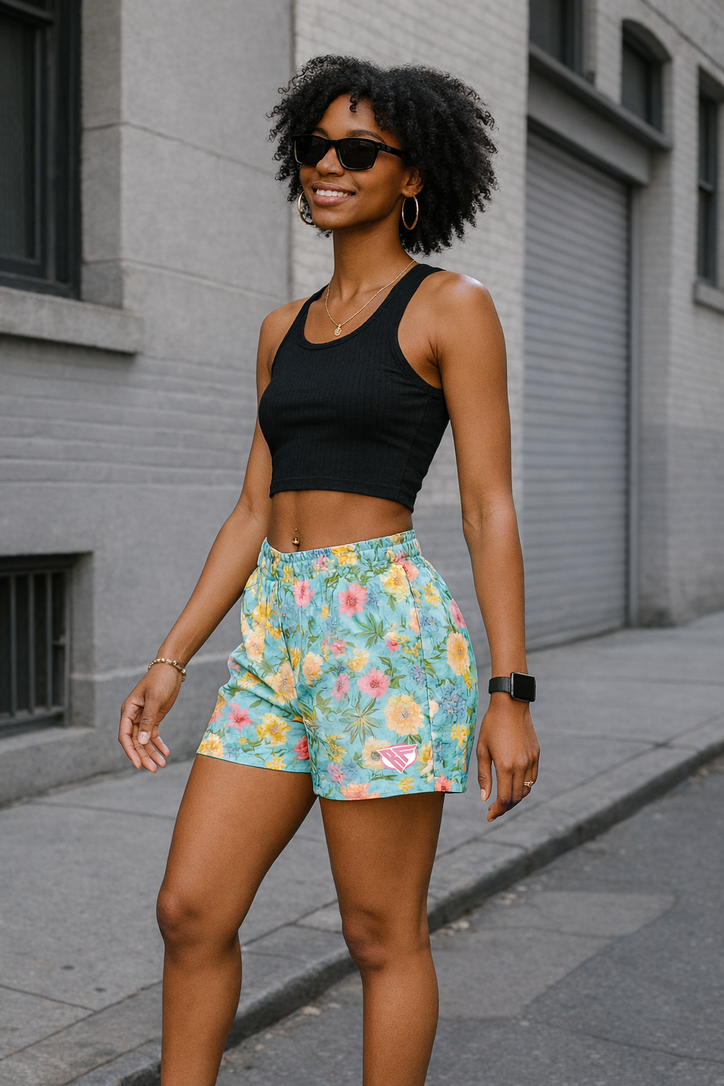 Woman Wearing RF-Wear Women's Floral Shorts in Teal/Multicolors