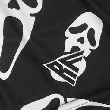 Close-up of RF-Wear Women's Ghost Faces Shorts in Black with RF logo
