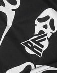Close-up of RF-Wear Women's Ghost Faces Shorts in Black with RF logo