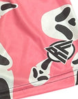 Close-up of RF-Wear Women's Ghost Faces Shorts in Pink with RF logo