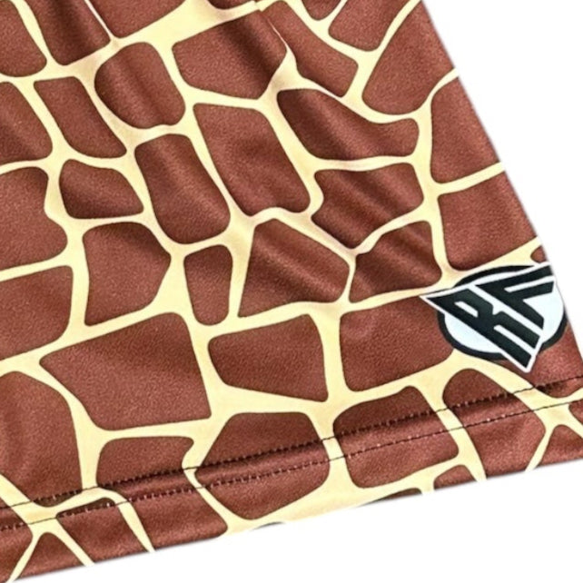 Close-up of RF-Wear Women's Animal Print Shorts - Giraffe in Brown/Yellow with RF logo