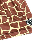 Close-up of RF-Wear Women's Animal Print Shorts - Giraffe in Brown/Yellow with RF logo