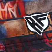 Close-up of RF-Wear Women's Graffiti Wall Shorts in Multicolors with RF logo