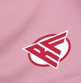 Close-up of RF-Wear Women's Heart Shorts in Pink/Red with RF logo