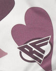 Close-up of RF-Wear Women's Heart Shorts in White/Purple with RF logo