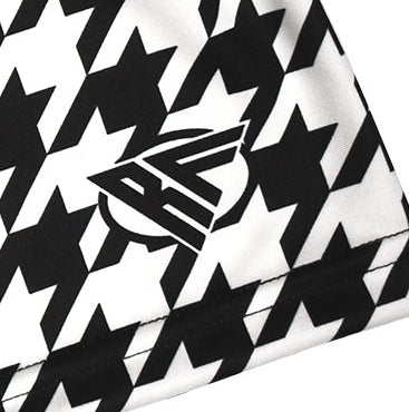 Close-up of RF-Wear Women's Houndstooth Shorts in Black/White with RF Logo