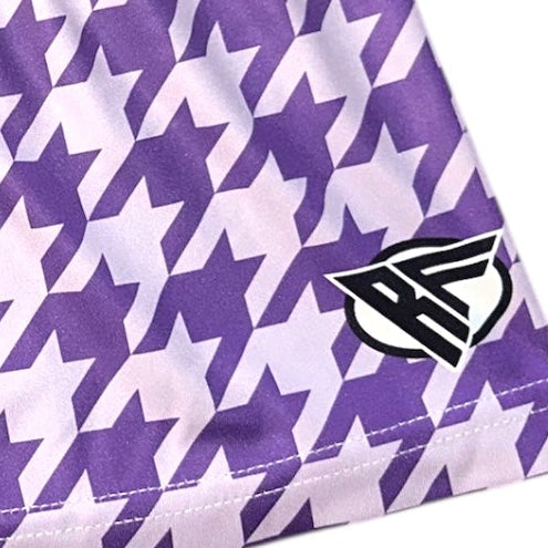 Close-up of RF-Wear women's houndstooth shorts in Lavender with RF logo
