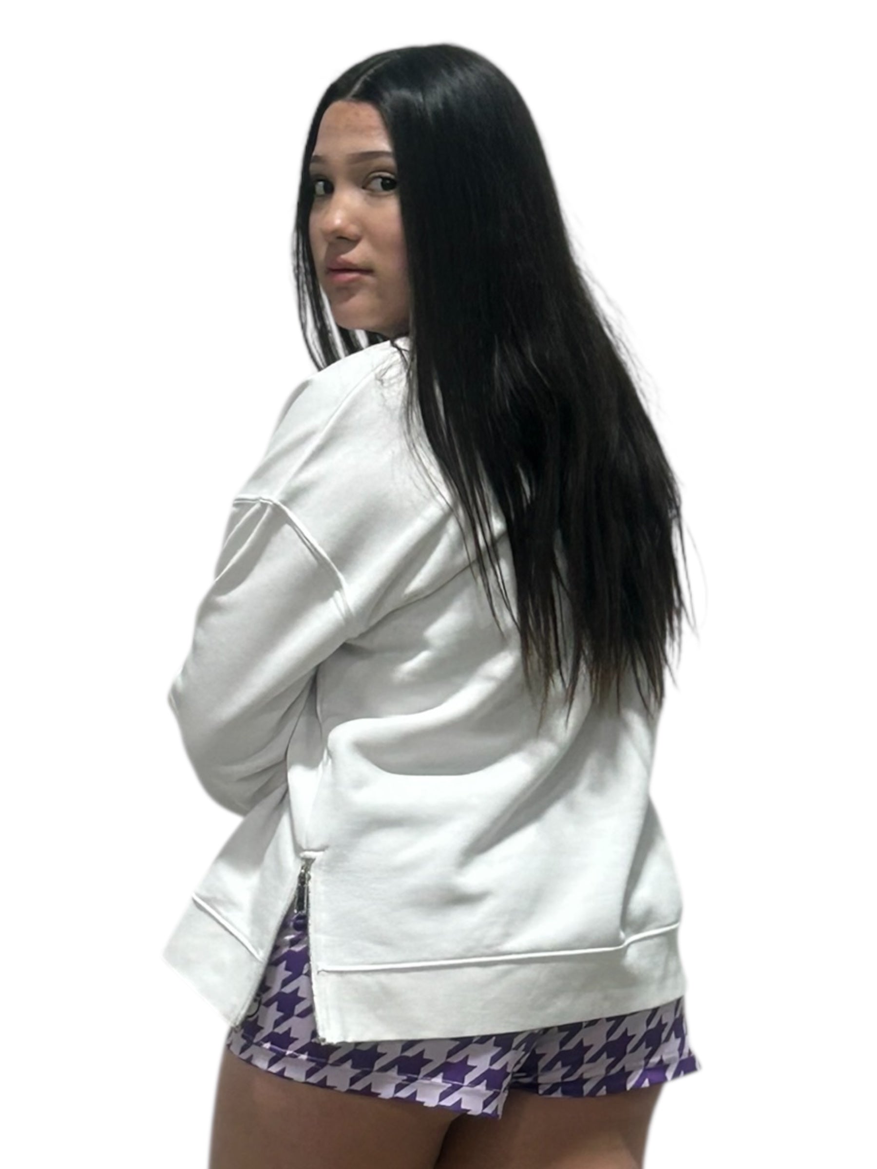 Woman in white crew neck sweatshirt with zippers on the side and RF-Wear women's houndstooth shorts in Lavender. 