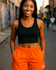 RF Wear Women's Jack-o-Lantern Pocket Shorts - Orange/Black - Model Front View