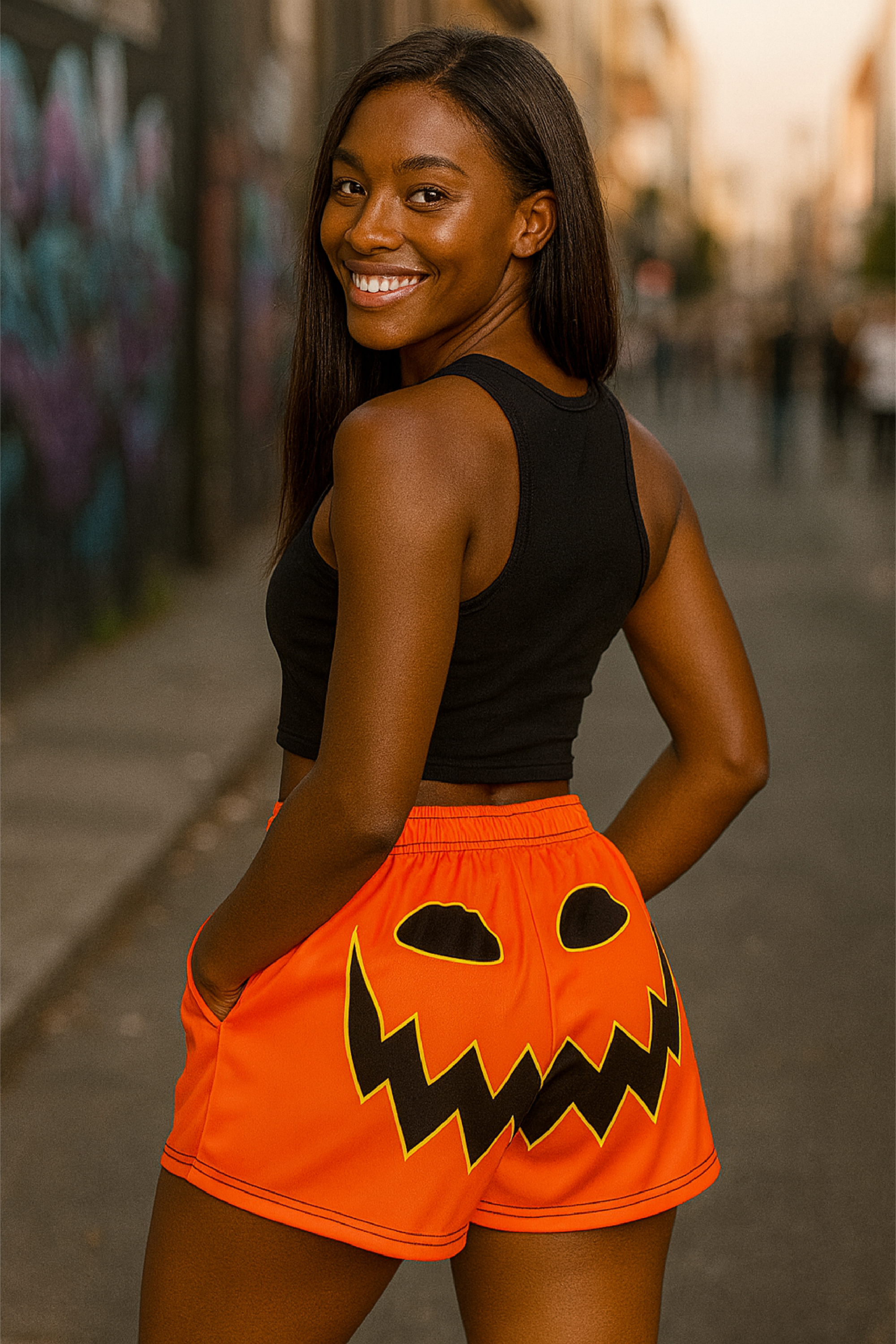 RF Wear Women's Jack-o-Lantern Pocket Shorts - Orange/Black - Model Back View