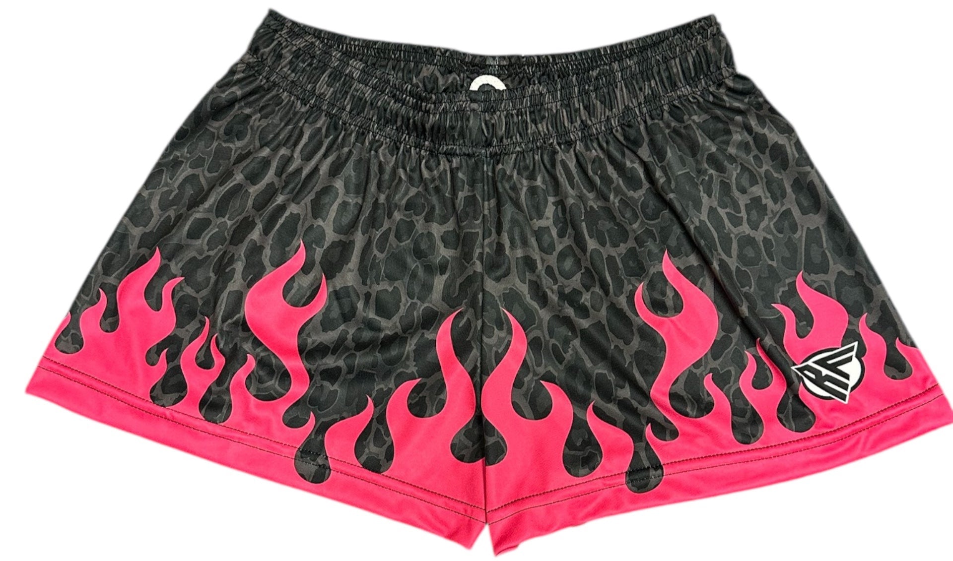 RF-Wear Women's Leopard Flame Shorts in Black/Grey with Fuchsia Flames 