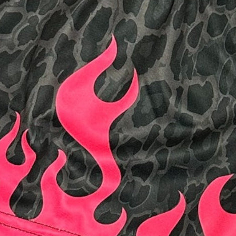 Close-up of RF-Wear Women's Leopard Flame Shorts in Black/Grey with Fuchsia Flames 