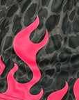 Close-up of RF-Wear Women's Leopard Flame Shorts in Black/Grey with Fuchsia Flames 