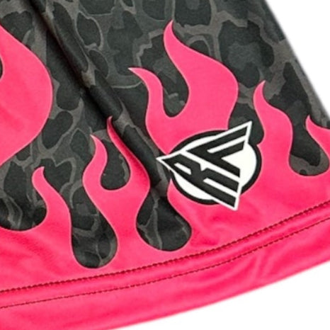 Close-up of RF-Wear Women's Leopard Flame Shorts in Black/Grey with Fuchsia Flames with RF logo