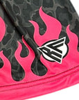 Close-up of RF-Wear Women's Leopard Flame Shorts in Black/Grey with Fuchsia Flames with RF logo