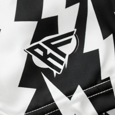 Close-up of RF-Wear Women's Lightning Bolt Shorts in Black/White with RF logo