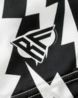 Close-up of RF-Wear Women's Lightning Bolt Shorts in Black/White with RF logo