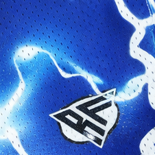 Close-up of RF-Wear Women's Lightning Shorts in Blue with RF logo