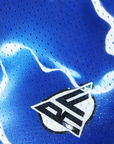 Close-up of RF-Wear Women's Lightning Shorts in Blue with RF logo