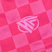 Close-up of RF-Wear Women's Mesh Checkered Shorts in Fuchsia with RF logo