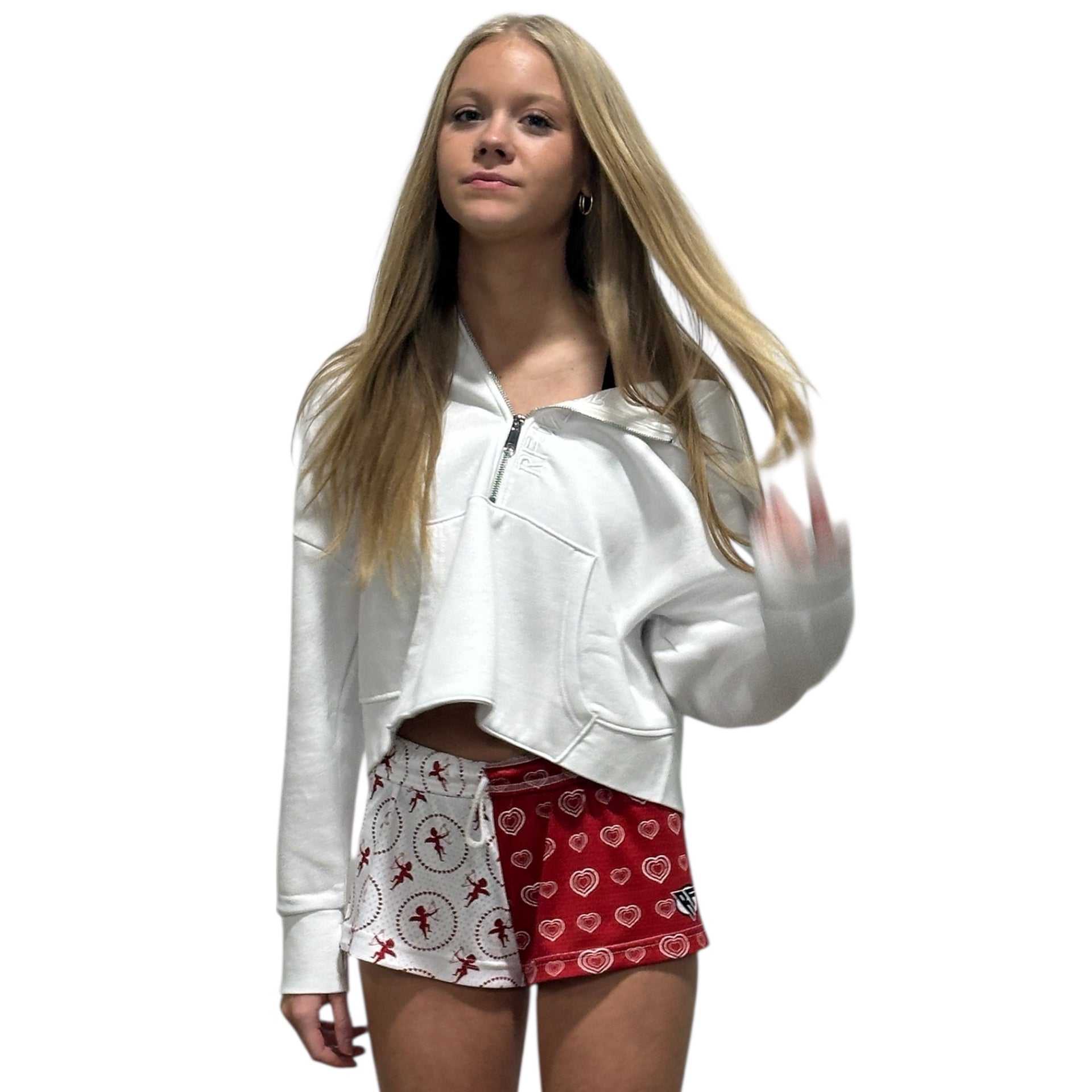 woman with a white RF-wear hoodie and RF-Wear split cupid/heart shorts in red and white.