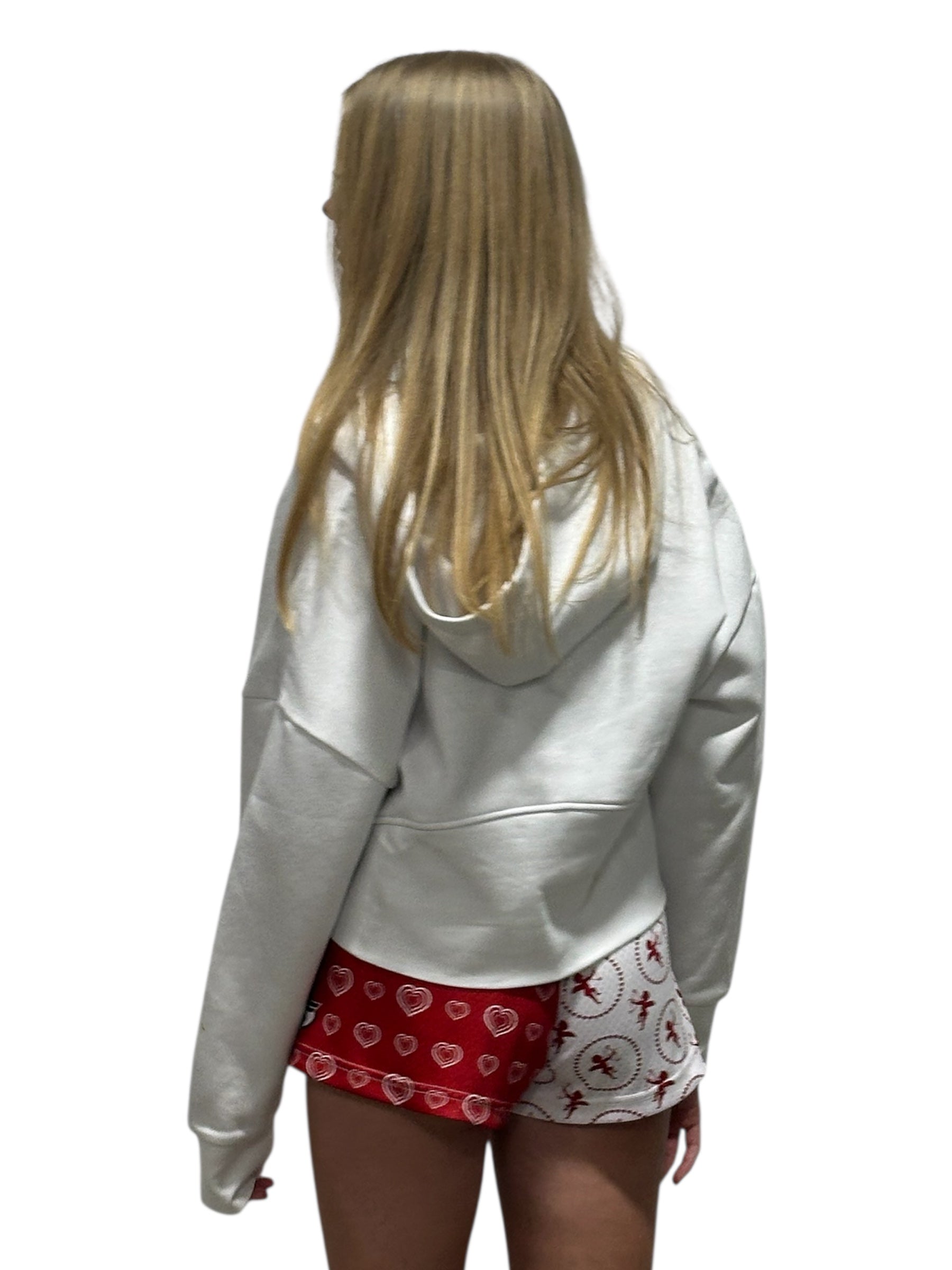 woman with a white RF-wear hoodie and RF-Weal split cupid/heart shorts in red and white.