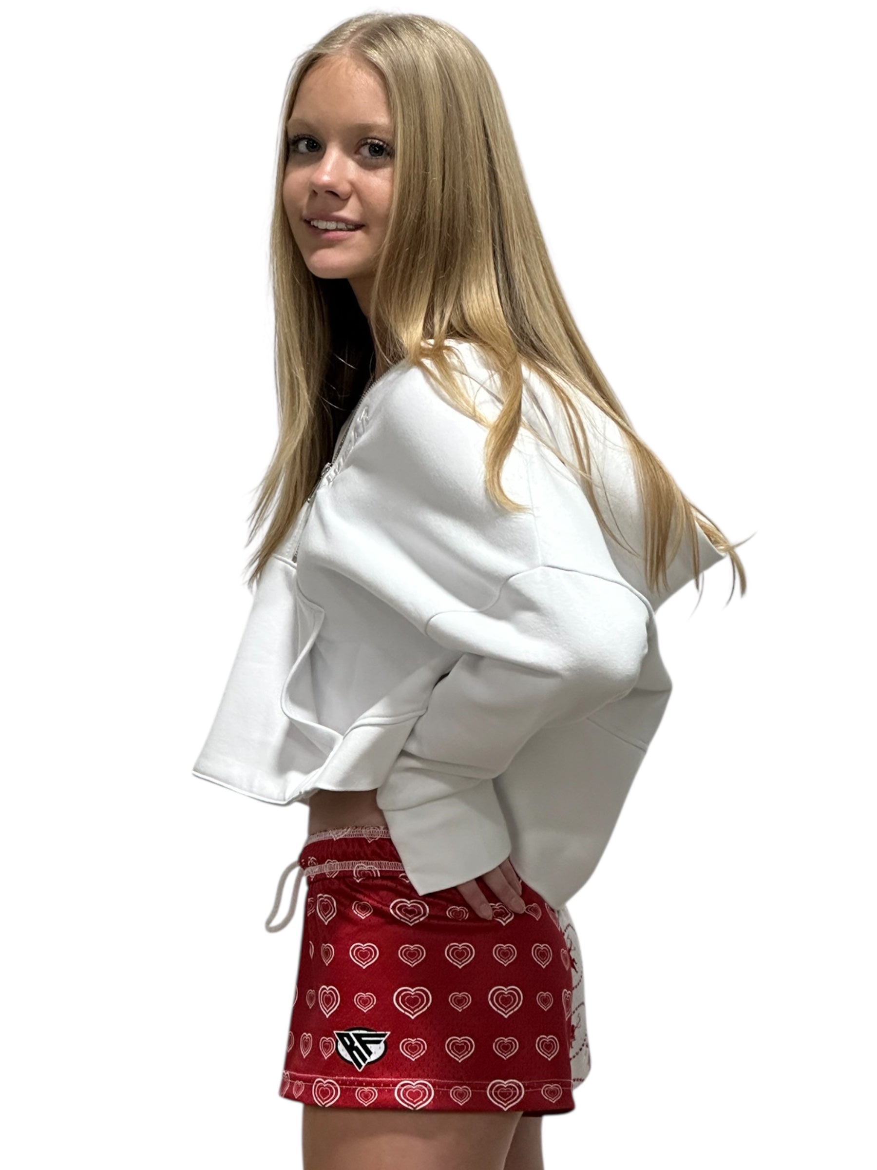 woman with a white RF-wear hoodie and RF-Wear split cupid/heart shorts in red and white.