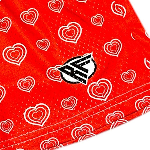 Close-up of RF-Wear Women's Mesh Split Cupid Pocket Shorts with RF logo