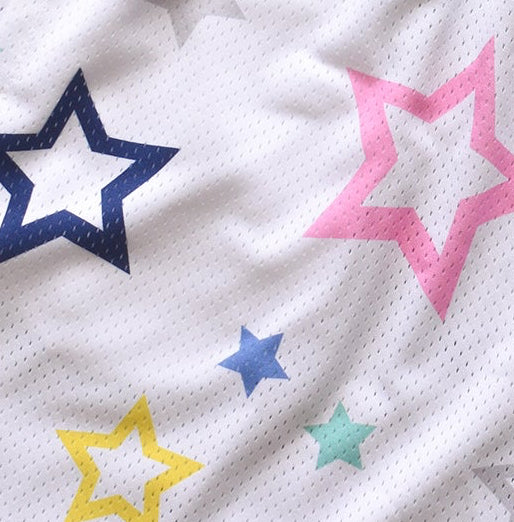 Close-up of RF-Wear Women's Mesh Star Shorts in White/Multicolors