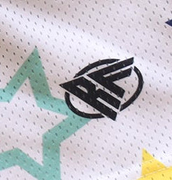 Close-up of RF-Wear Women's Mesh Star Shorts in White/Multicolors with RF logo