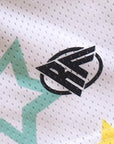 Close-up of RF-Wear Women's Mesh Star Shorts in White/Multicolors with RF logo
